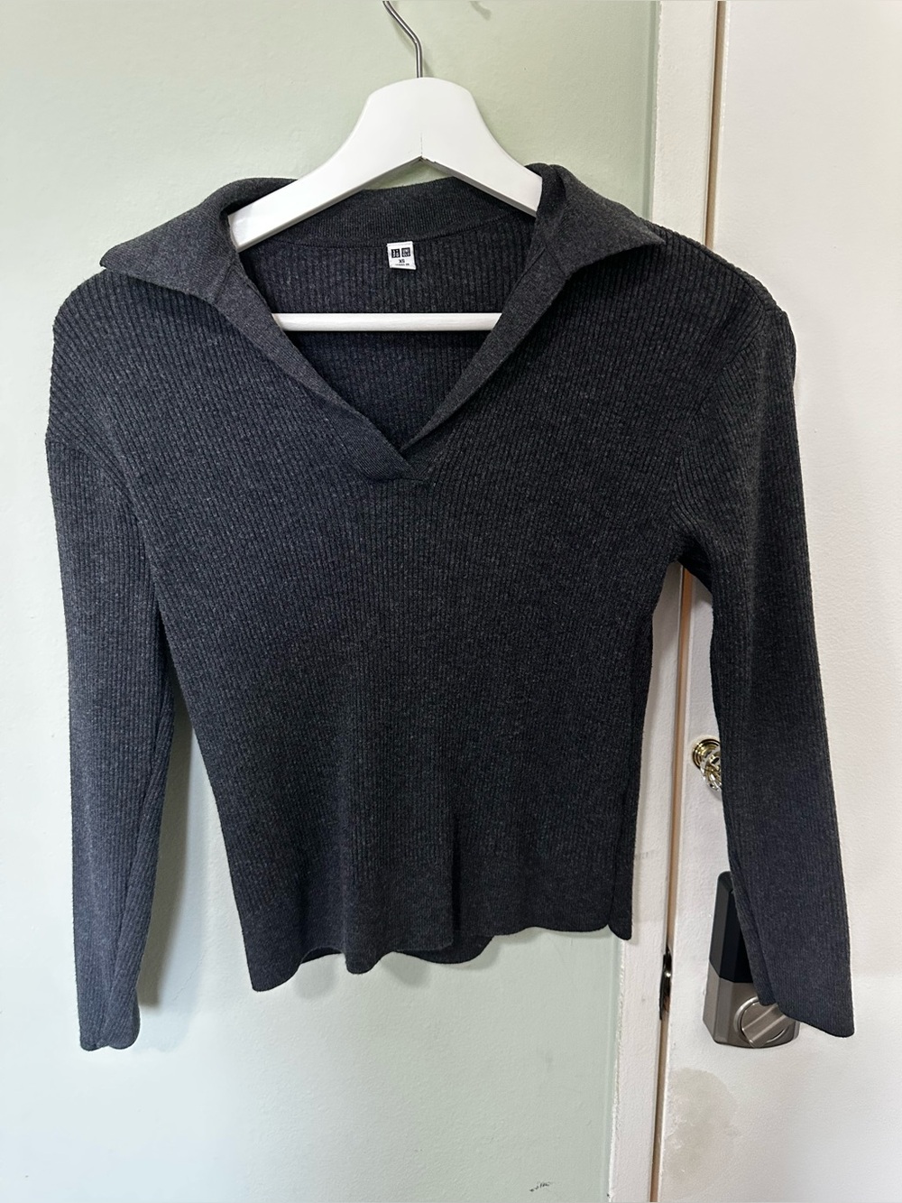 Washable Ribbed Knit Polo Sweater V neck UNIQLO XS charcoal/gray